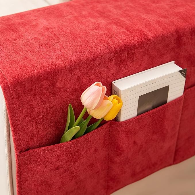 Sofa Armrest Cover with Pockets Set of 2 Solid Color Furniture Protector Slip Chenille Non Slip Recliner Organizer Remote Holder Caddy Accessories for Living Room Bedroom Kitchen 24*43.3 Inch Red