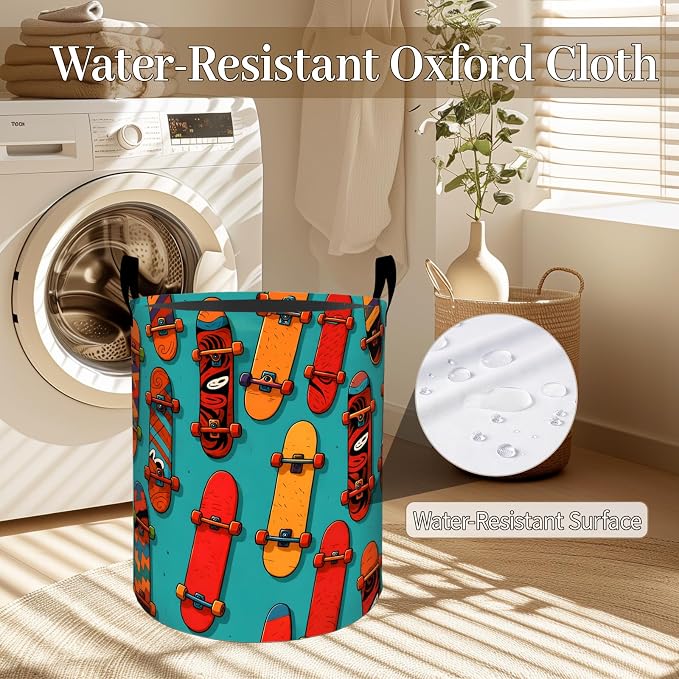 Colorful Skateboard Laundry Basket, Cool Cartoon Foldable Oxford Cloth, Waterproof Dirty Clothes Hamper with Handles, Clothing Storage Bin Toy Organizer for Bedroom Dorm Bathroom, 19.7"x15.7"