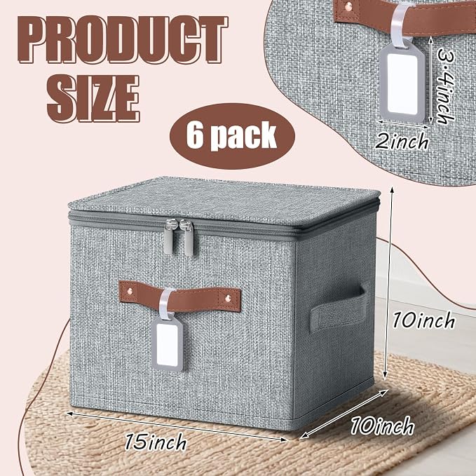 6 Pack 15 Inch Fabric Closet Storage Bins with Lids, 15x10x10In Large Foldable Cotton Linen Storage Cubes Boxes with PU Handle & Label Holder for Bedroom Organization, Shelf, Nursery, Gray