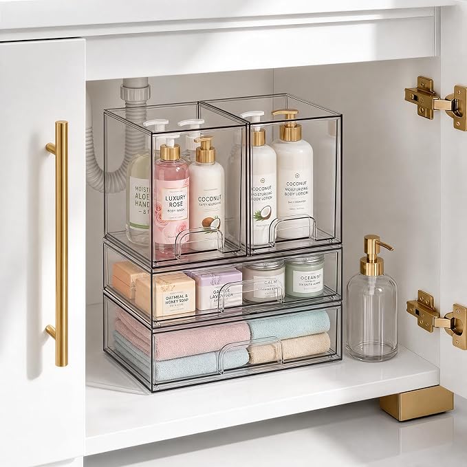 Clear Stackable Storage Drawers, Baby Bottle Organizer, Easily-Access Makeup Organizer, Durable Containers for Bathroom Countertop, Cabinet, Pantry and Medicine Organization