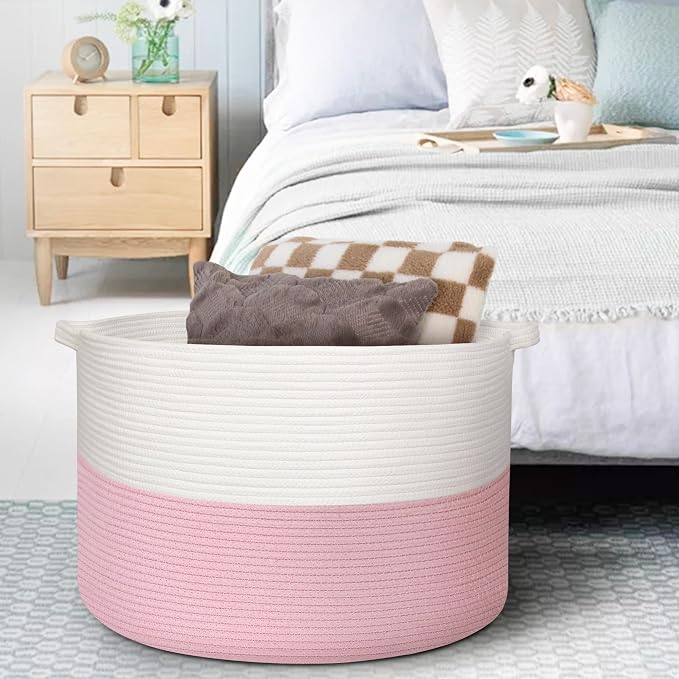 MEGASKET 115L Pink Basket for Organizing, 23.6“x15.7" XXXL Blanket Storage for Living Room, Extra Large Toy Box, Soft Woven Cotton Rope Bin, Decorative Baby Nursery Basket, Girls Pink Room Decor