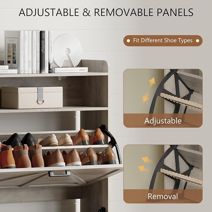 Xixini Shoe Storage Cabinet with 2 Flip Drawers, Entryway Shoe Rack, Grey | Freestanding Narrow Shoe Storage, Hidden Slim Wood Shoe Organizer, Modern Farmhouse, Open Storage & Hooks for Closet, Hallway