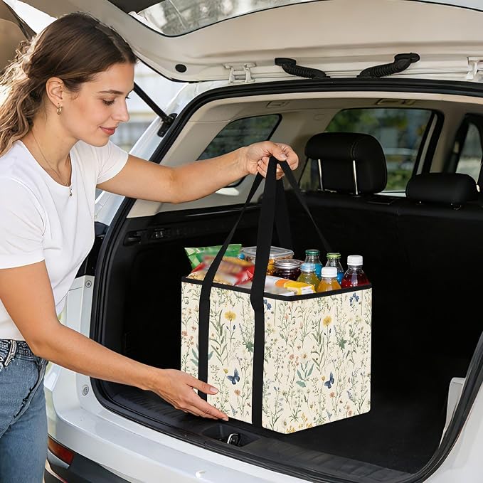 Car Trunk Organizer, Wildflowers Herbs Butterfly 600D Oxford Foldable Storage Bag with Handles, 13.0x10.8x10.2in, Portable Collapsible Container for Groceries, Kitchen, Picnic & Travel
