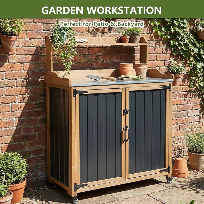 Ketive Rolling Potting Bench with Storage and Galvanized Metal Top | Fir wood components, enclosed cabinet, 2-position shelf, and 4 swivel casters for patio and backyard gardening