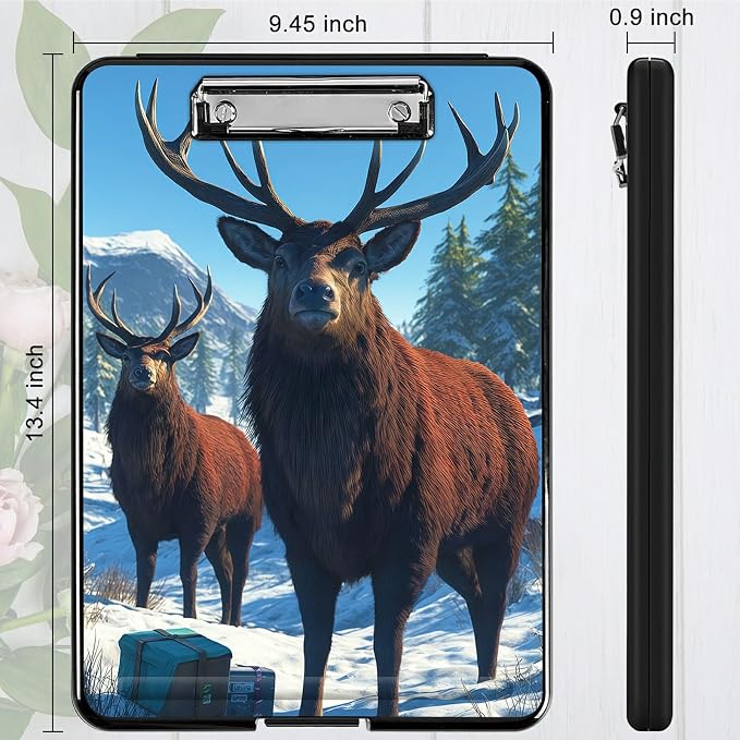 Heavy Duty Storage Clipboard, Slim Nursing Clipboard with Internal Pen Case, Portable File Organizer Case for A4 Letter Size Paper Office Medical Professionals, Snow Mountain Deer