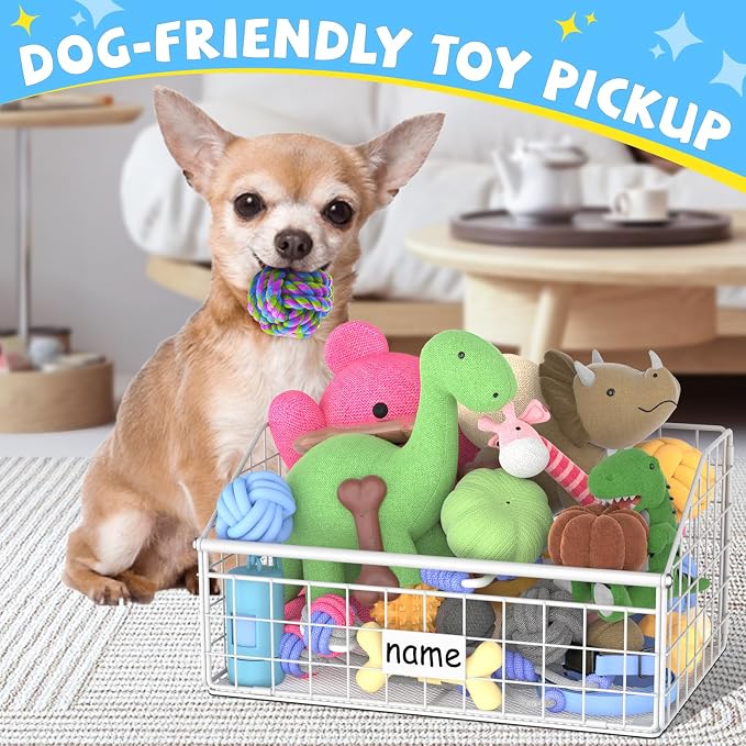Kaiferty Indestructible Dog Toy basket, Small Toy Box for Dogs, Pet Toy Bin Dog Metal Basket for Toys, Dog Toy Storage, Dog Storage Organizer, Cat Dog Toy Box for Living Room Area (White)