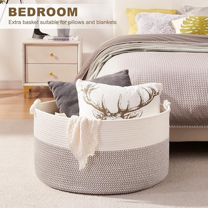 OIASKET Large Blanket Storage Basket for Living Room, 22.8" x 22.8" x 13" Woven Cotton Rope Basket with Handles, Baby Toy Storage, Laundry Hamper for Clothes, Pillows, Towels-Grey and White