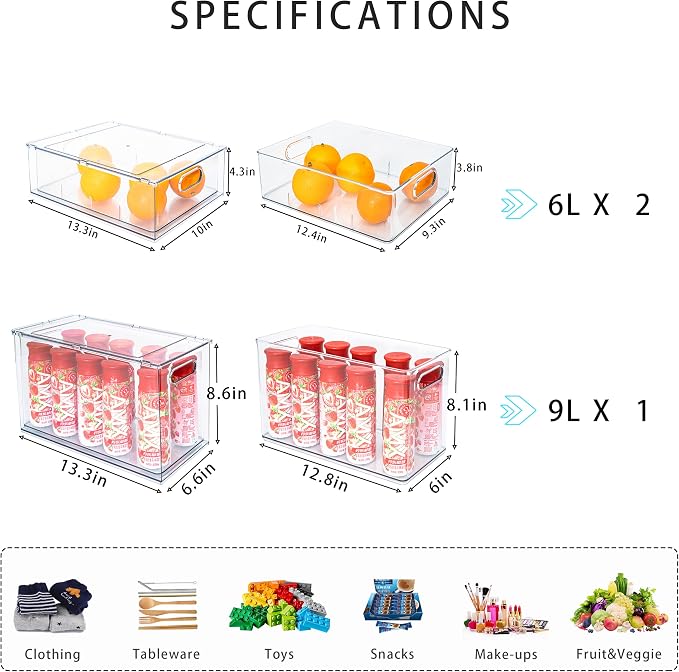 Stackable Fridge Drawer Pull-Out Bins with Handles 3 Pack Large Clear Food Container with Removable Dividers Refrigerator Storage box Divided Produce Saver for Pantry Kitchen