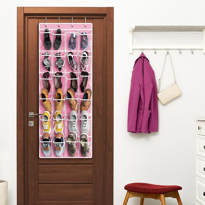 Simple Houseware 24 Pockets Large Clear Over the Door Shoe Organizer, Pink | 56" x 22.5", 4 Durable Metal Hooks, 5" x 9" Pocket Size, Multipurpose