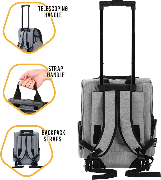 Deluxe Backpack Pet Travel Carrier with Double Wheels for Pets up to 18 Pounds - Grey