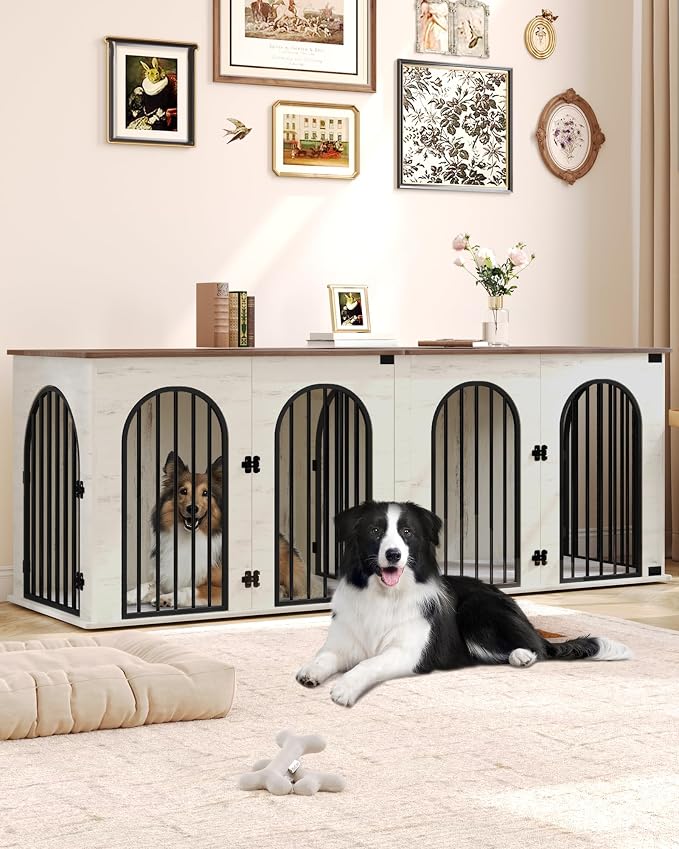 Hzuaneri 86.6" Double Dog Crate Furniture, Dog Kennel Indoor with Cushion | Heavy Duty Dog Crate Furniture for 2 Dogs,Dog Cage End Table TV Stand with Divider for Med-Large Dogs,White Brown DFC84014BV1