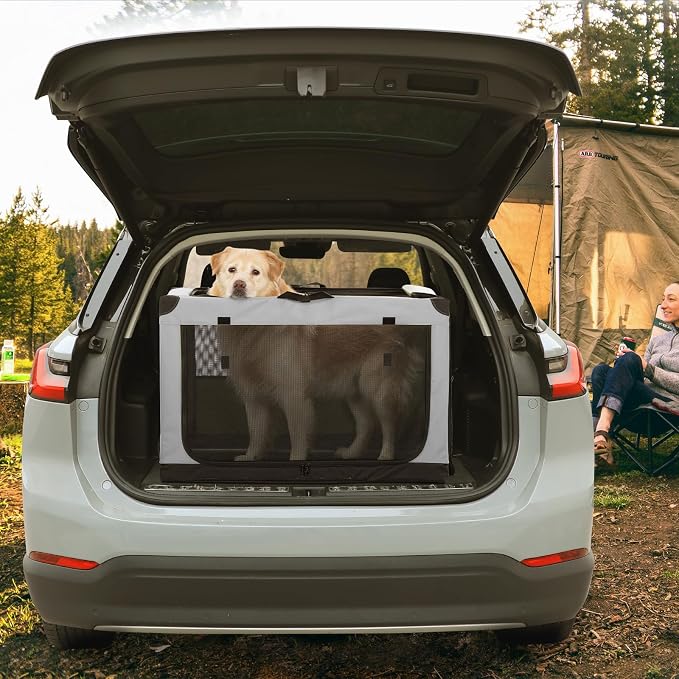 PETSFIT 36" Soft Portable Dog Crate – Patented Spiral Sturdy Frame, Collapsible Travel Kennel for Medium & Large Dogs, 3 Mesh Door, Lockable Zippers, Indoor & Car Use Gray