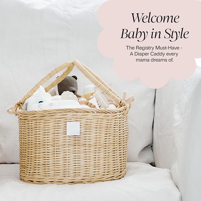 BEBE BASK Premium Baby Diaper Caddy Organizer Basket with Cotton Divider | Handmade & Award-Winning, Rattan Diaper Basket, Newborn Essentials, Nursery Basket, Removable Divider, Baby Shower (SAVANNAH)