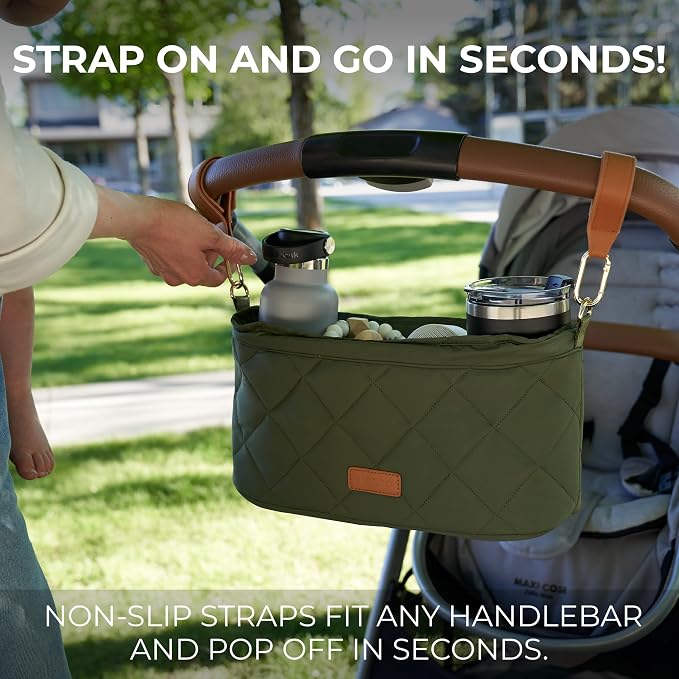 Beautiful Stroller Caddy Organizer With 2 Cup Holders - Zipper Pocket Bag | Luxury Stroller Bag with Universal Fit and Leather Straps - Spacious Accessories Perfectly Fits Doona, Nuna and Uppababy
