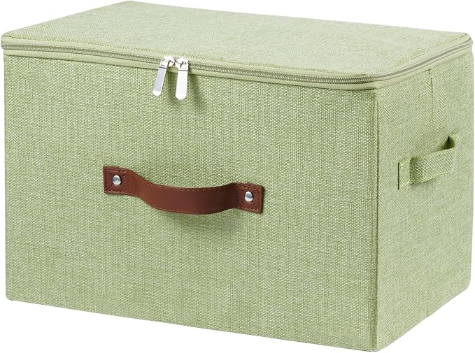Storage Bins with Zipper Lids Decorative Lidded Baskets Boxes | Clothes Container, Closet Shelf Organizer, Foldable Washable, Cotton Linen Fabric, w/ PU Leather Handles, Green, Large
