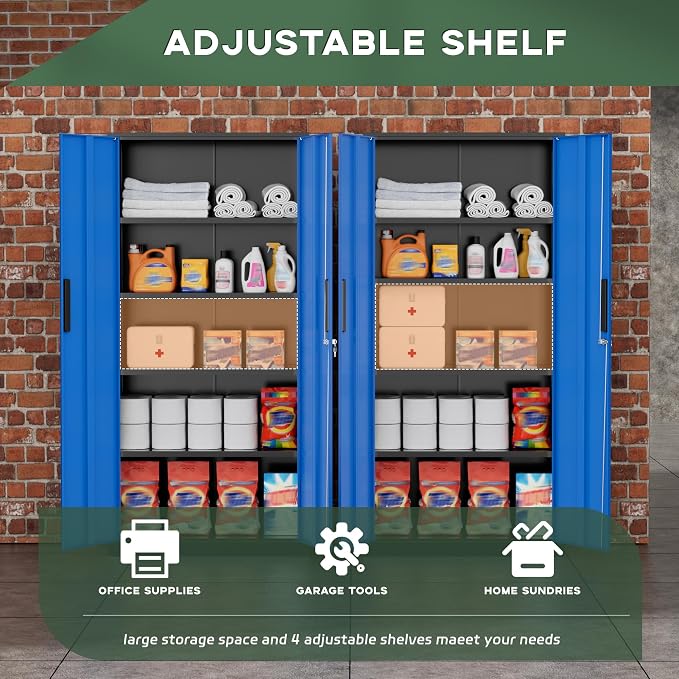 Greenvelly Metal Storage Cabinet, 72" Locking Metal Garage Storage Cabinet with Doors and 4 Adjustable Shelves, Lockable Steel Cabinet for Home Office, Garage, Shop, School (Blue 32" W x 16" D)