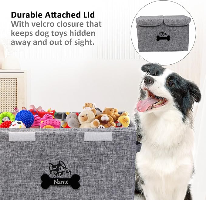 Large Dog Toy Bin-Pet Toys Storage Box-Fabric Storage Bin with Lid-Collapsible Dog Toy Organizer,Dog Toy Basket -Chew Proof Dog Bin-Can be Personalized-Gray