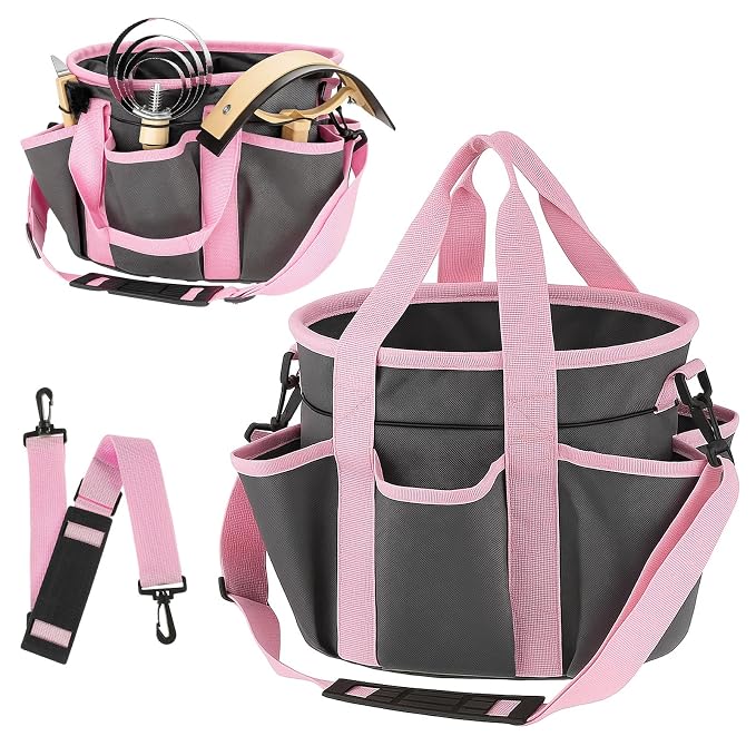Abbylike Grooming Tote,Stylish,10.63 x 10.63 x 9.45 Inch,Grey and Pink | Tote Bag for Horses and Dogs, Organize Tack Tools Equestrian Grooming Kit, Care Portable with Multiple Pockets for Supplies