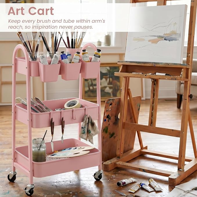 danpinera 3-Tier Rolling Cart, Utility Cart Mobile Metal Rolling Storage Cart with Lockable Wheels & Hanging Cups & Hooks for Kitchen, Bathroom, Office, Workshop, Pink