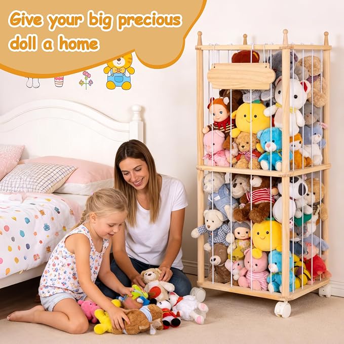 Small Stuffed Animal Storage with wheels for Playroom and Nursery | 36.6"H Small Stuffed Animal Organizer for Toddler Bedroom - Toy or Stuffed Animal Zoo Holder for Boys and Girls