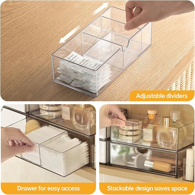 PAVSTINE Medicine Cabinet Organizer 3 Pack, Plastic Stackable Storage with 2 Drawers, Bathroom Mirror Cabinet Organizer with Removable Dividers for Wall Cabinet, Vanity, Countertop, Clear