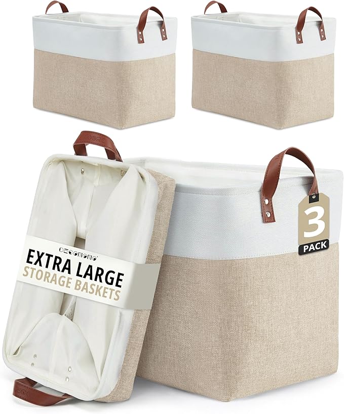 DECOMOMO Fabric Storage Bins, Extra Large Storage Baskets with Handles | 3 Pack Storage Baskets for Shelves, Laundry, Toys, Nursery (Beige & White)