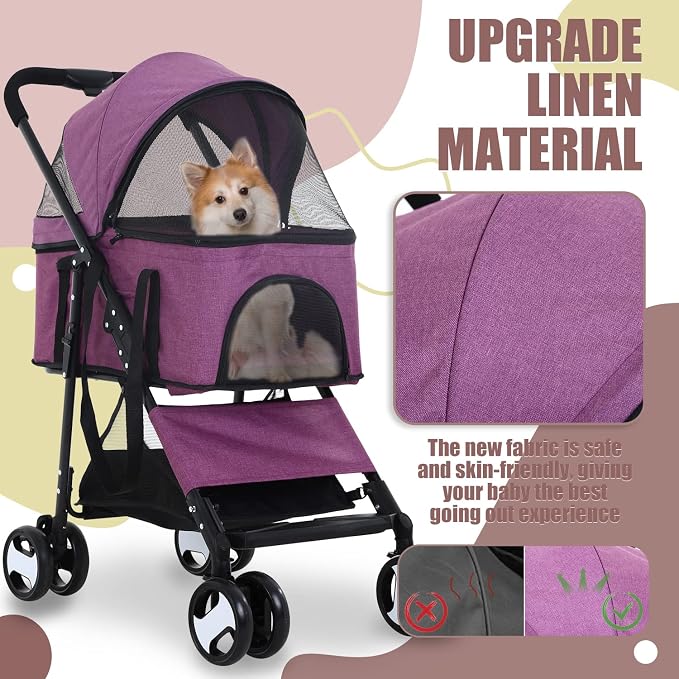 Dog Stroller 3-in-1 Folding Dog Stroller for Medium Small Dogs Purple | Pet Stroller 4 Wheels Cat Stroller with Detachable Carrier Storage Basket Waterproof Lightweight for Travel,
