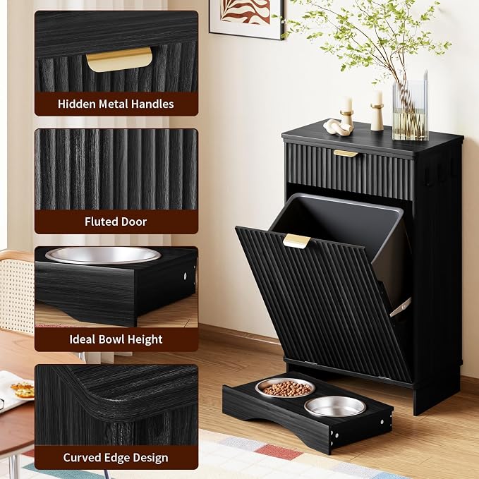 Pet Feeding Station, Dog Food Storage Cabinet with 2 Hidden Bowls, Black | Tilt-Out Pet Food Storage with Drawers and 3 Hooks, Cats and Dogs Food Organizer Cabinet for Kitchen,Living Room