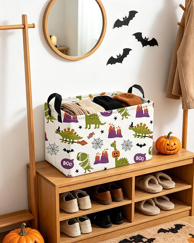 Essme Rectangular Dinosaur Helloween Basket,Kids Storage Bins Organizer with Handles for Room Decor, Gift Basket.(Dinosaur Halloween)