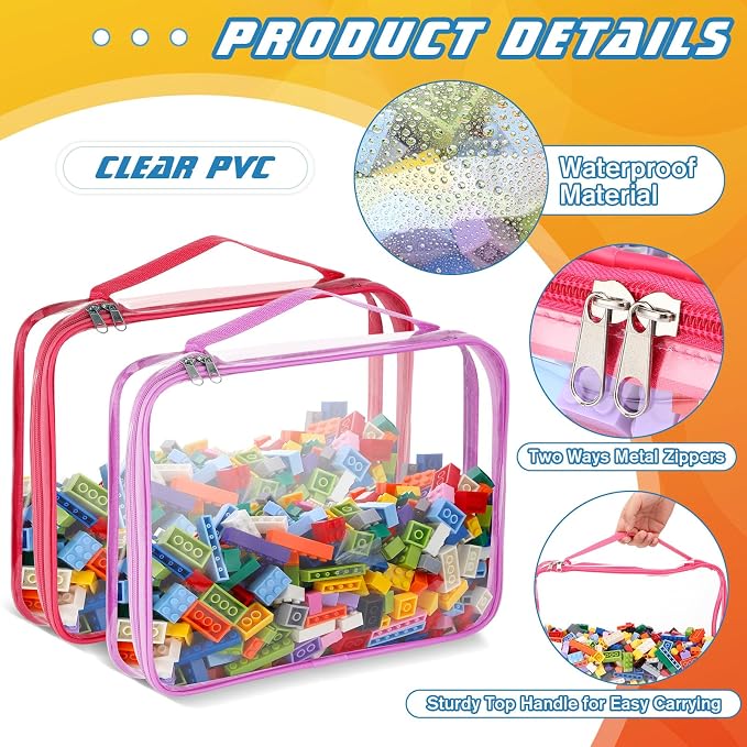 Sanwuta 6 Packs Toy Storage Bags with Zipper,Large,Cute Colors | Clear Waterproof Games Storage， Large Portable PVC Container， Reusable Organizer for Board Games, Building Blocks, Puzzles