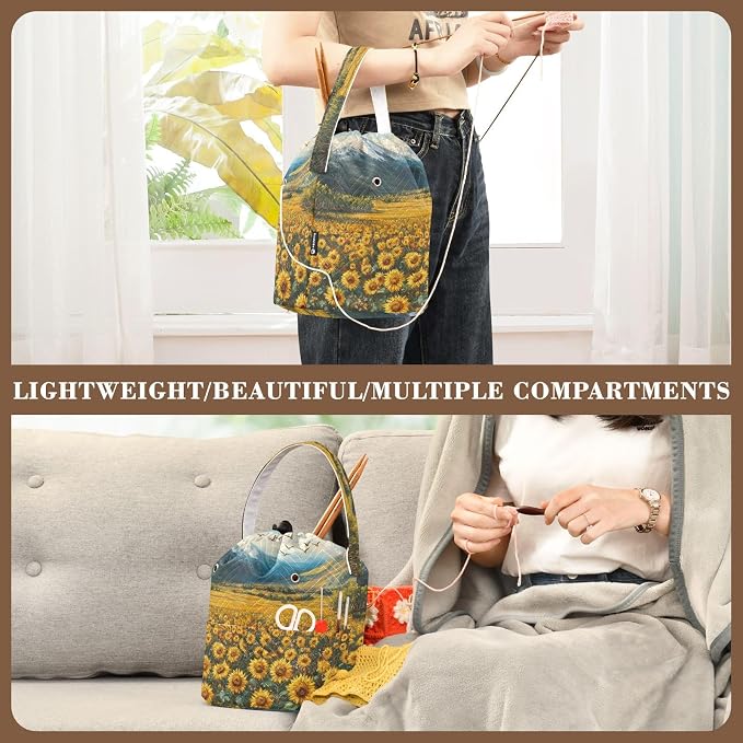 Tatenale Crochet Bag Yarn Bag Knitting Project Bag with Pockets and Handle Portable Yarn Storage Organizer Tangle Free 8.3x11 InchSunflowers Eagles and Mountain40