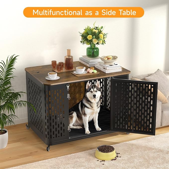 ONBRILL Heavy Duty Dog Crate Furniture for Large and Medium Dogs, 43.7 Inch Large Dog Crate Kennel with Flip Top & Cushion & Wheels, Escape Proof Pet Cage,Wooden Cage Kennel Furniture Indoor