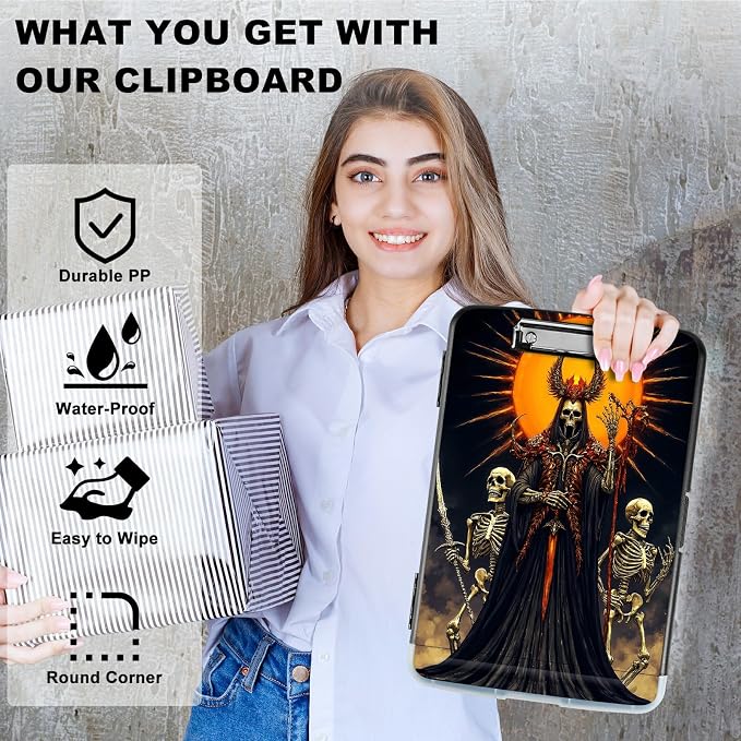 A4 Clipboard with Storage Pen Holder, Clipboards Organizer Nursing Clipboard Foldable File Folder Plastic Clipboard Folio Clip Board for Office Work Classroom Doctor, Dark Skull Knight
