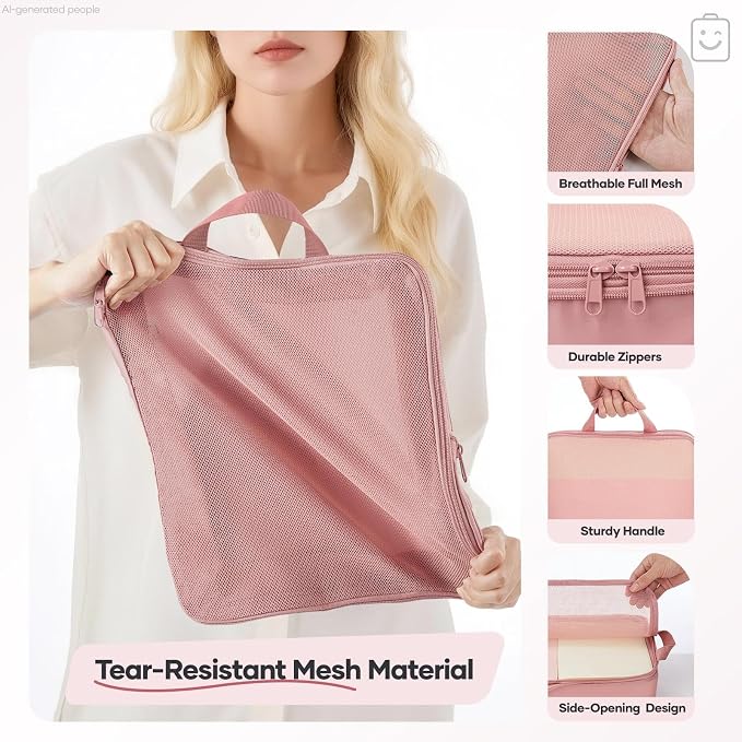 Veken 11 Set Compression Packing Cubes Garment Bags for Travel Essentials,Compressible Expandable Luggage Organizer Bags for Clothing,Space Saver Bags with Over 1000 pcs of Mesh Holes(Light Coral)