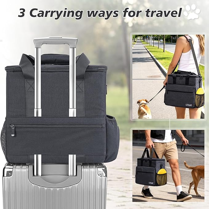Dog Travel Bag, Large Pet Travel Set with Multi-Function Pockets | 2 Food Storage Containers, 2 Collapsible Bowls, 1 Feeding Mat for Pet Supplies, Road Trip Essentials, Weekend Camping, Black