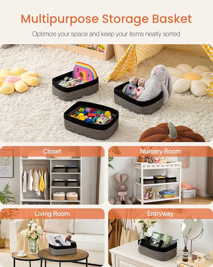 KALLAX Small Woven Storage Basket for Organizing, 13.5x9.5x5 inches, 3 Pack | Shelf baskets for closet organization, toy storage and home decor, Perfect as empty gift baskets for holidays, Black & Brown