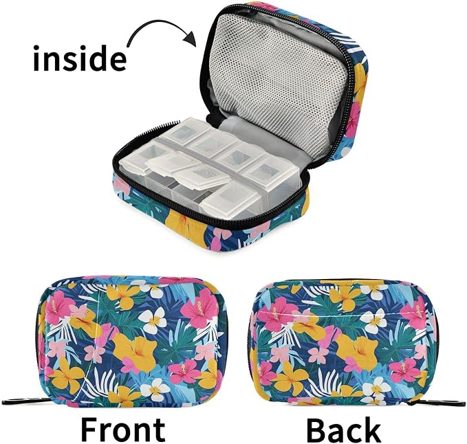 Fustylead Beautiful Colorful Tropical Hibiscus Floral Pill Organizer for Purse, Weekly Portable Pill Box with Zipper to Storage Vitamins Fish Oils Medications Supplements