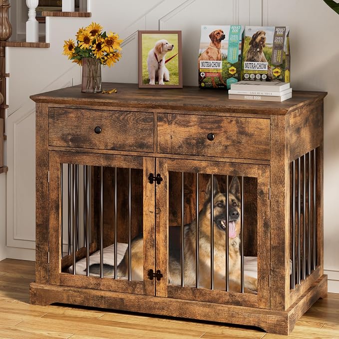 PUKAMI Large Dog Crate Furniture with 2 Drawers, 44 Inch Wooden Dog Kennel Indoor, Crate Furniture as Decorative End Table, Cage Furniture for Small Medium Large Dogs (Brown, 1-Pack Set)