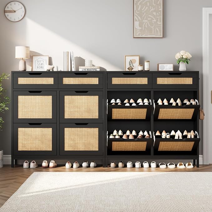 Jocoevol Rattan Shoe Cabinet for Entryway with 4 Flip Drawers and 2 Drawers, Narrow Freestanding Shoe Storage Cabinet with Metal Legs for Entryway/Hallway/Foyer (Black)