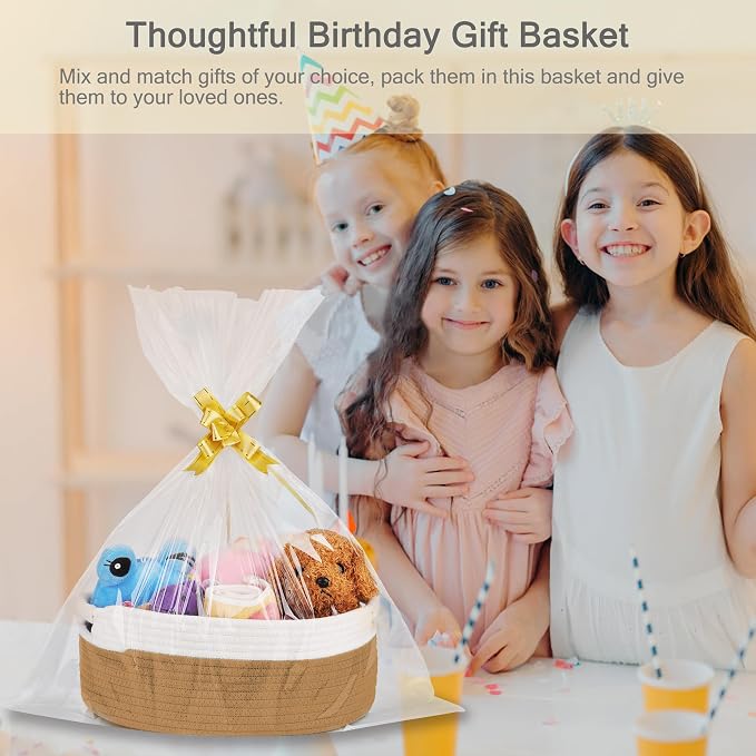 Small Woven Gift Basket with Bag & Ribbons, Camel | Cotton Rope, 13”x 9”x 5.5”, Fits for Kids, Women & Men, Bedroom, Living Room, Nursery & Bathroom Storage, Cat & Dog Toy Boxes