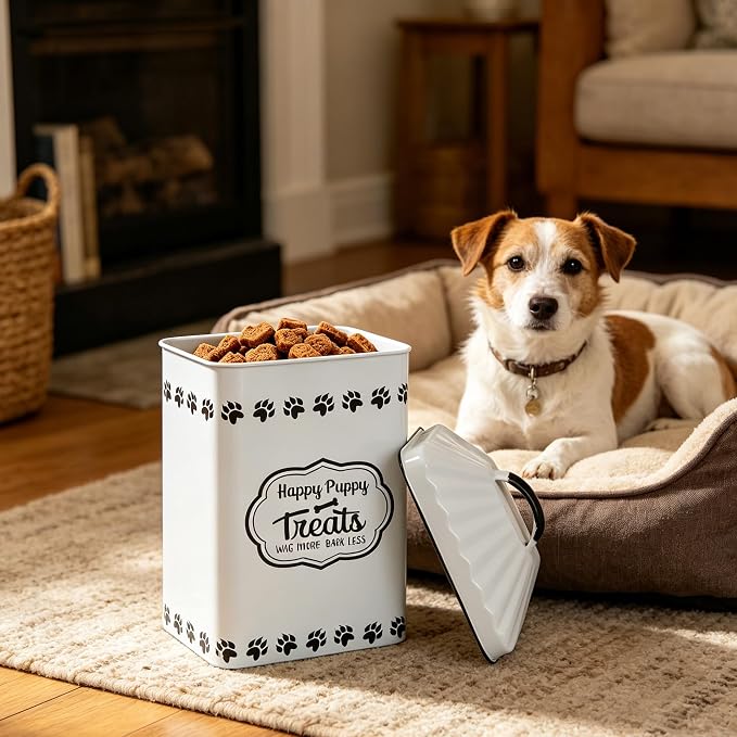 All Chic Dog Food Container Dog Food Storage Container with Lid & Sturdy Metal Handle with Spoon - Metal Kibble Storage Bin for Dogs up to 50 lbs -Pet Food Storage
