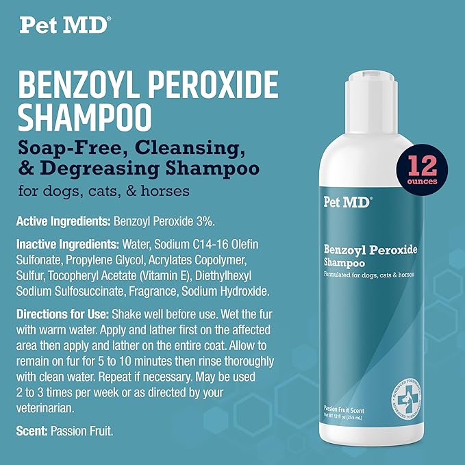 Pet MD - Benzoyl Peroxide Shampoo for Dogs and Cats - Effective for Skin Conditions, Dandruff, Itch Relief, Acne and Folliculitis - Citrus Scent - 12 oz (Pack of 2)