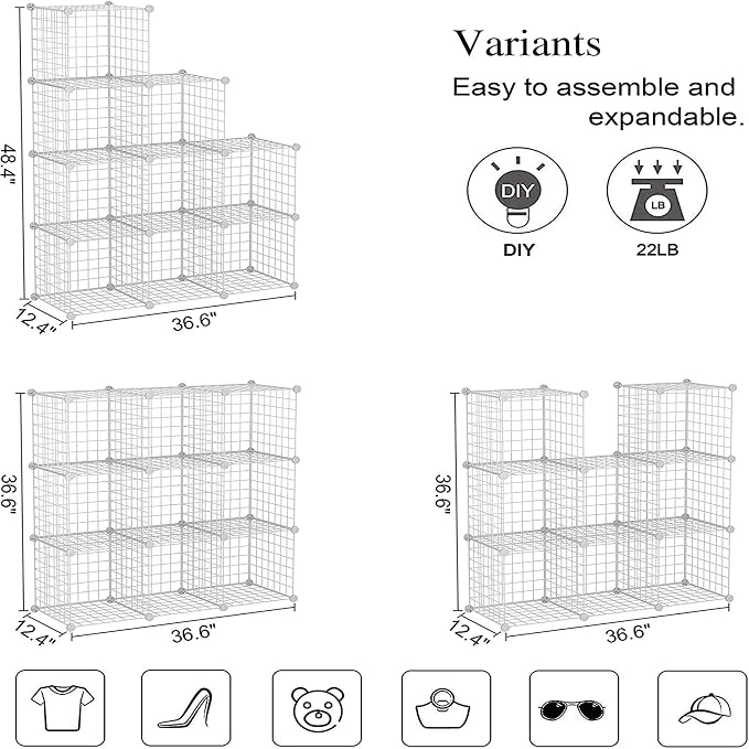 C&AHOME Wire Cube Storage, 9-Cube Organizer Metal, Wire C Grids Storage, Storage Bins Shelf, Modular Bookshelf, Closet Cabinet Ideal for Home, Living Room, Office 36.6”L x 12.4”W x 48.4”H White | Storage Bins Shelf, Modular Bookshelf Units, Closet Cabi...