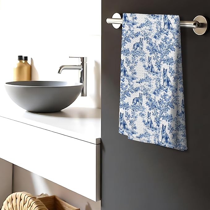 Chinoiserie German Shepherd Kitchen Towels, German Shepherd Gifts Hand Towels for Kitchen Bathroom,Blue and White Floral Botanical Grandmillennial Dog Decor Dish Tea Towels, 16x24 Inch