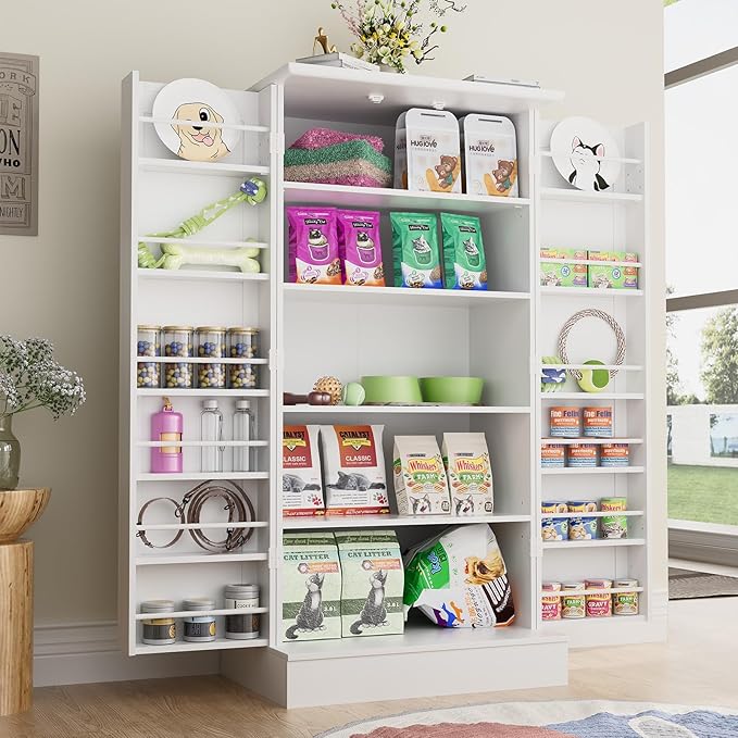 Saudism 47" Dog Food Storage Cabinet with Doors and Adjustable Shelves, Freestanding Pet Storage Container Organizer for Living Room and Dinning Room, White