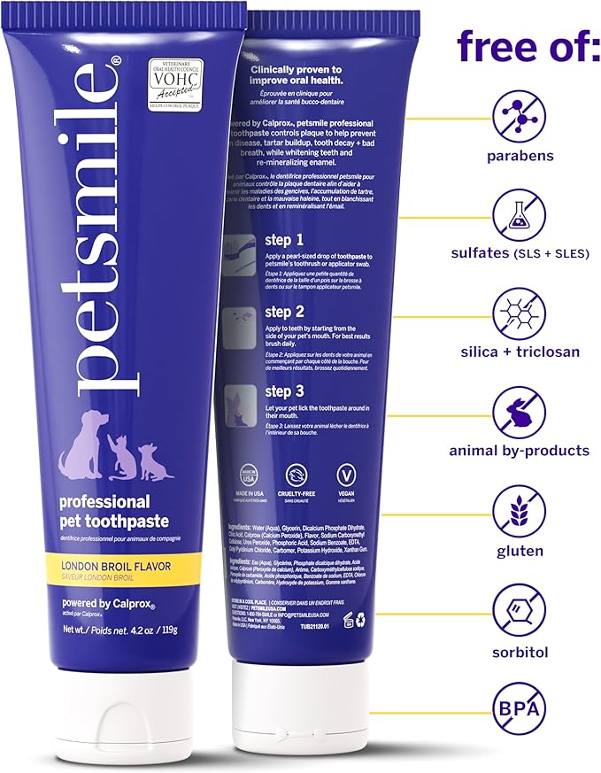 Petsmile Professional Pet Toothpaste for Cats & Dogs - VOHC Accepted Toothpaste - Clinically Proven to Control Plaque & Tartar Calprox Formula (London Broil, 4.2 Oz)