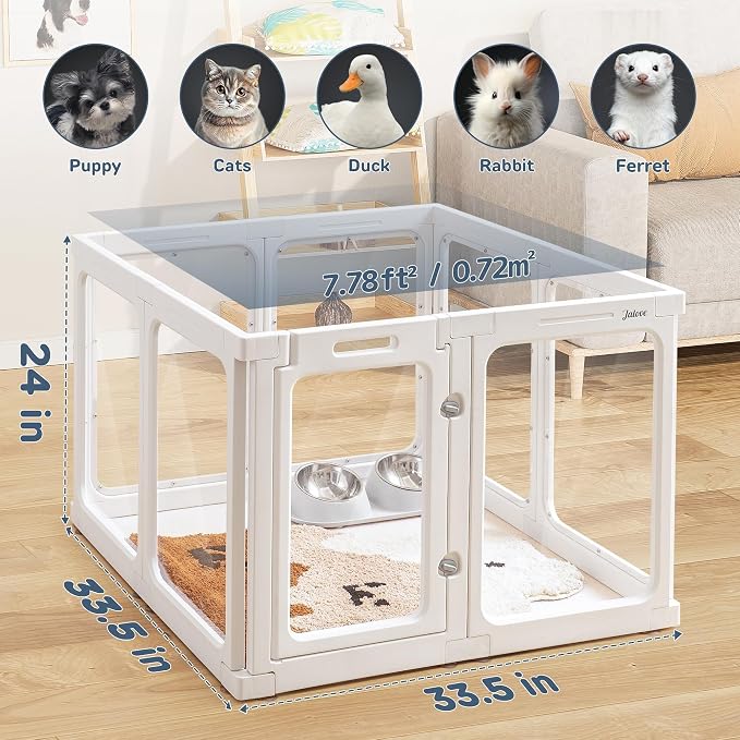 Jalove 24" Acrylic Clear Dog Playpen Indoor, Relieves Pet Anxiety | Ideal for Small Dogs,Plastic Pet Play Pen with Door, Playpen for Rabbit, Easy to Install, White 8 PCS
