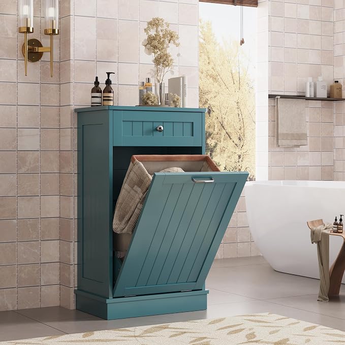 KIGOTY Tilt Out Trash Can Cabinet, Laundry Hamper Cabinet, Teal Blue