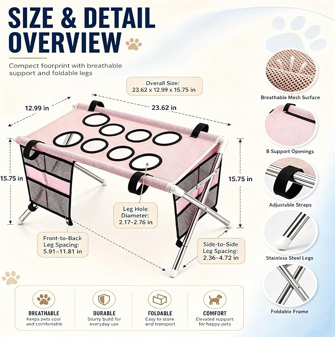 2-in-1 Foldable Pet Grooming Bed, Portable Pet Bathing Stand (Black,B) | Dog Grooming Hammock with Foldable Frame and Mesh Side Pockets, Suitable for Pet Washing Maintenance Travel Grooming