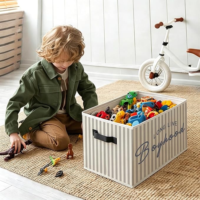 Neutral Striped Boy Nursery Foldable Storage Bins Box with Handles, Long Live Boyhood Decorative Storage Boxes Baskets Toybox Organizer for Kids Boy Nursery Room Bedroom Playroom